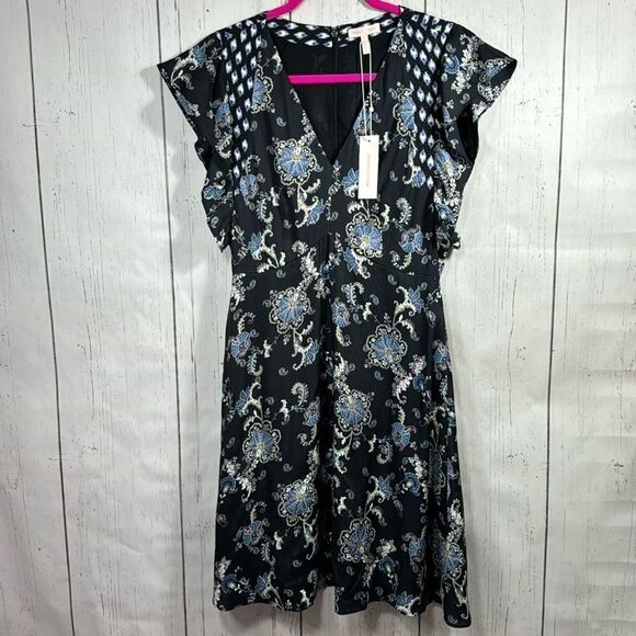 Rebecca Taylor Womens Floral Mixed Print Cap Sleeve Mini Dress Ruffle - Picture 2 of 16